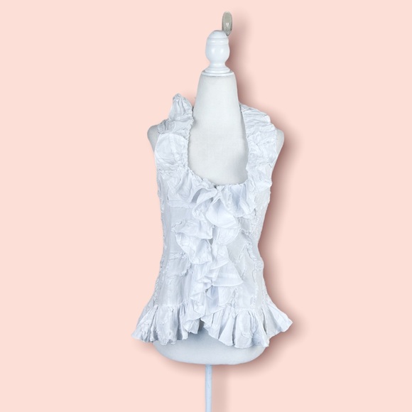 Boston Proper White Textured Frilly Zip up Blouse - Picture 1 of 9